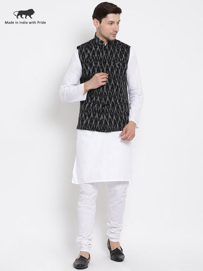 Vastramay Men's White Cotton Kurta, Black Ethnic Jacket and Pyjama Set