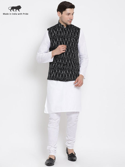 Vastramay Men's White Cotton Kurta, Black Ethnic Jacket and Pyjama Set