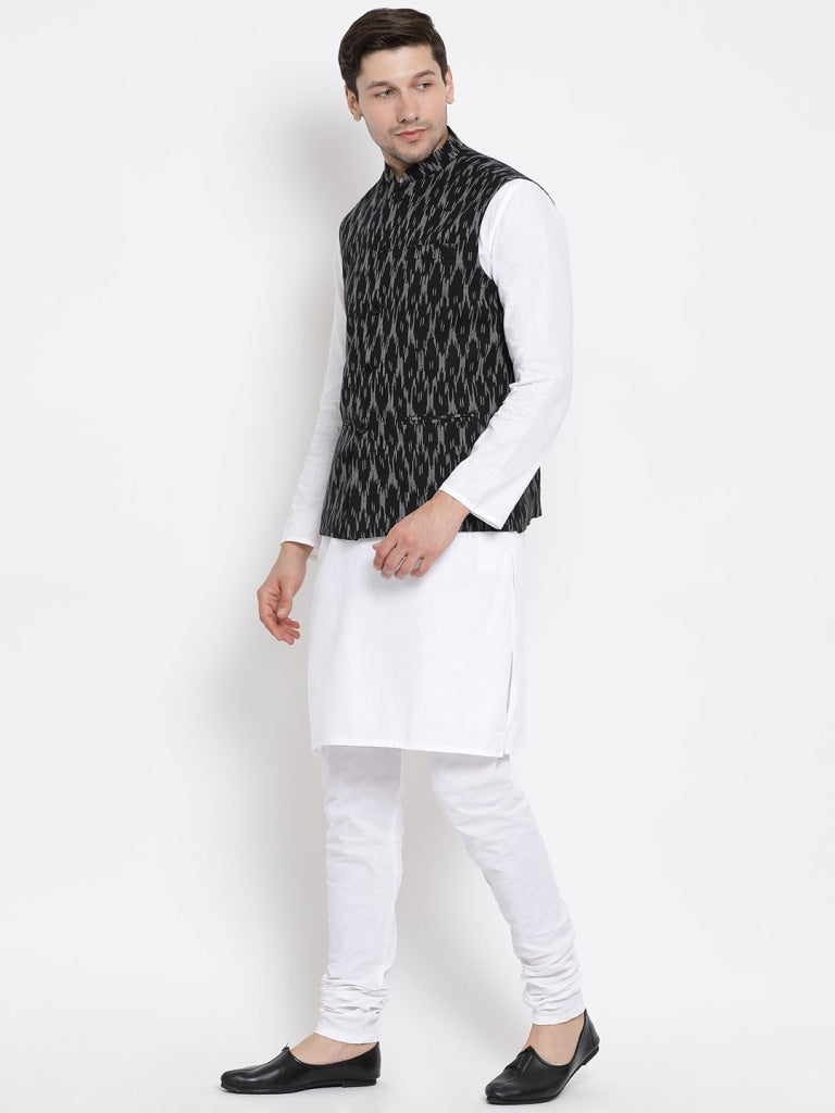 mens white cotton kurta ethnic jacket and pyjama set1028