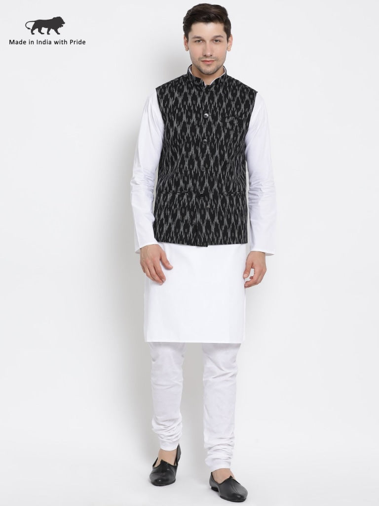 Vastramay Men's White Cotton Kurta, Ethnic Jacket and Pyjama Set