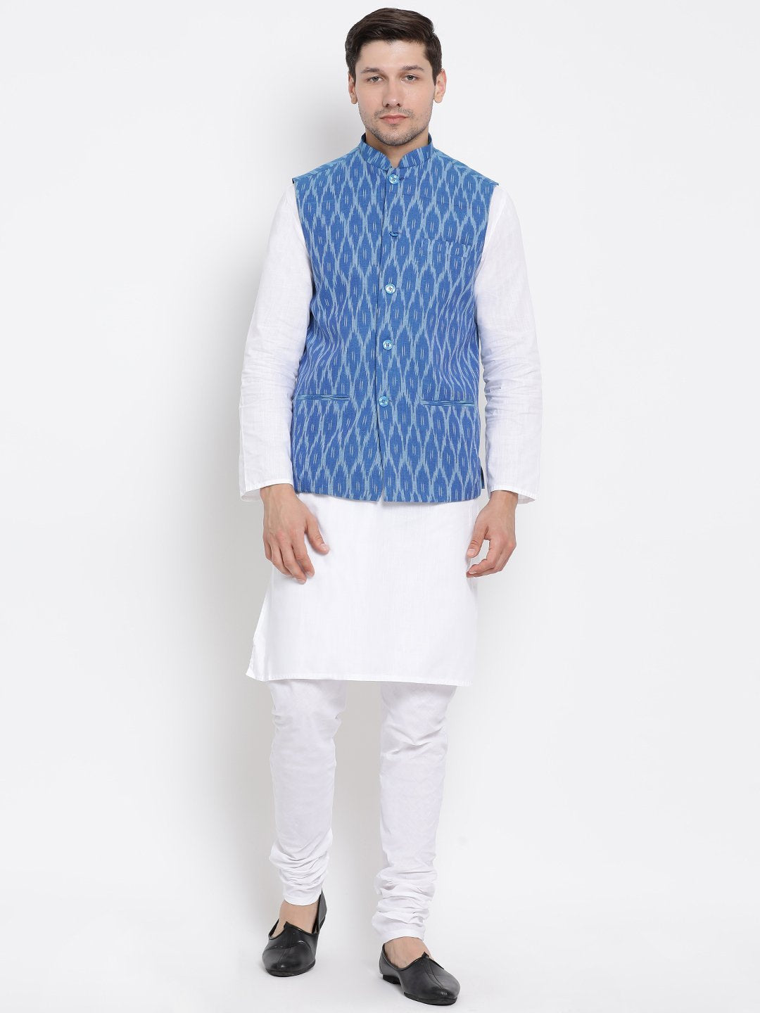 Vastramay Men's White Cotton Kurta, Blue Ethnic Jacket and Pyjama Set