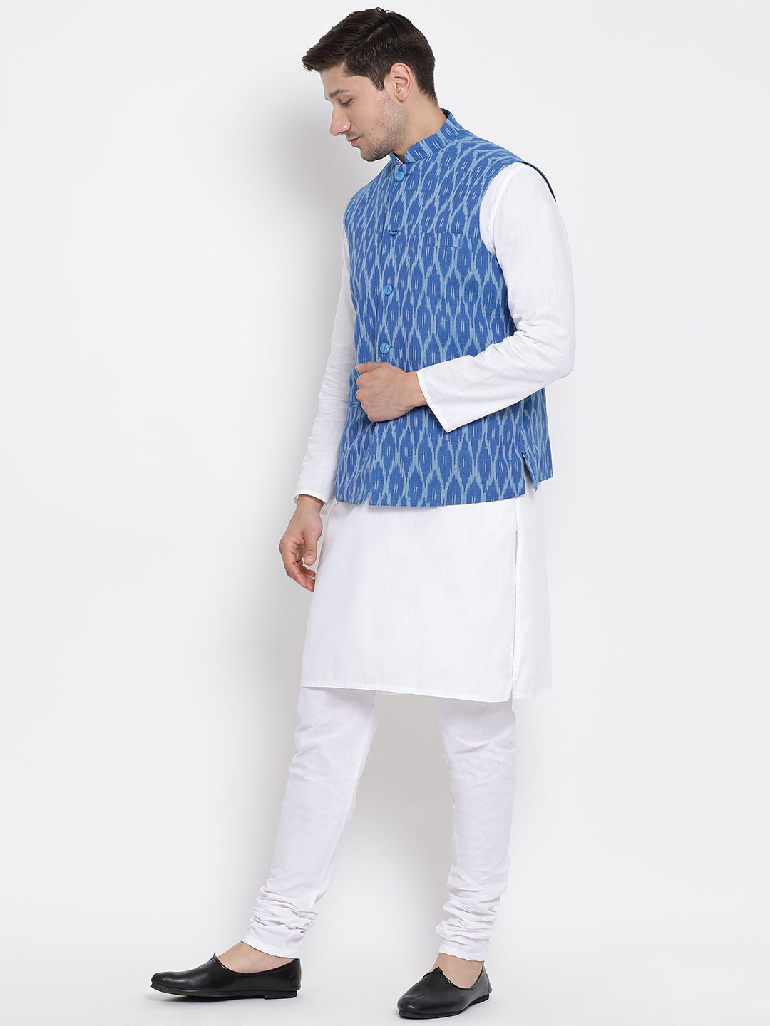 mens white cotton kurta ethnic jacket and pyjama set1013