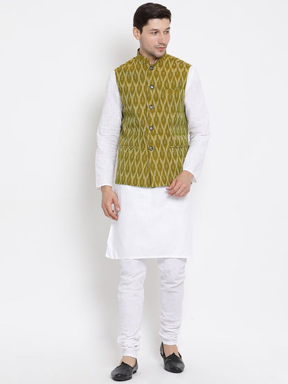 Vastramay Men's White Cotton Kurta, Ethnic Jacket and Pyjama Set