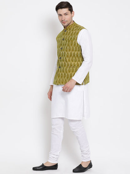 mens white cotton kurta ethnic jacket and pyjama set1015