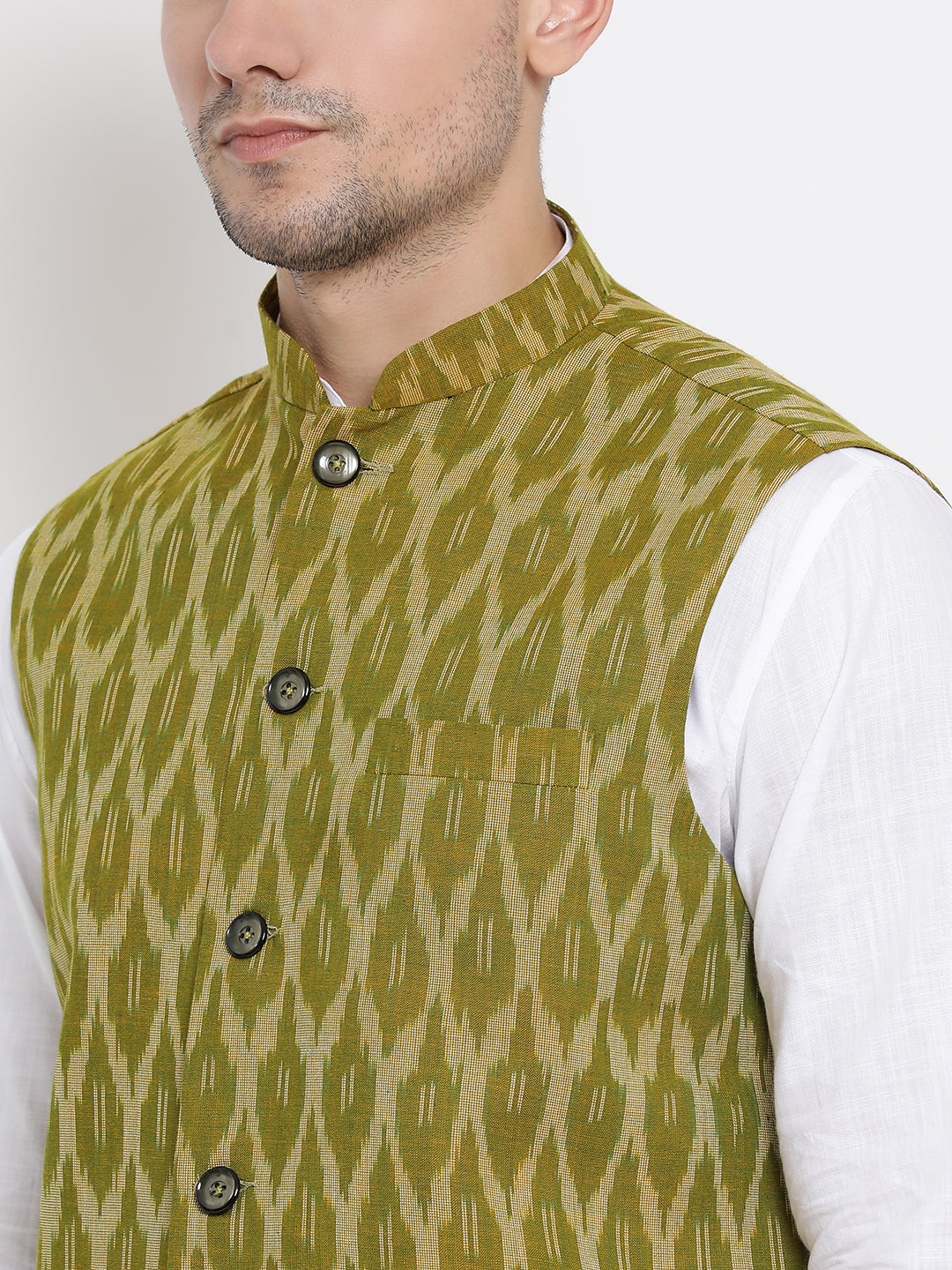 mens white cotton kurta ethnic jacket and pyjama set1015