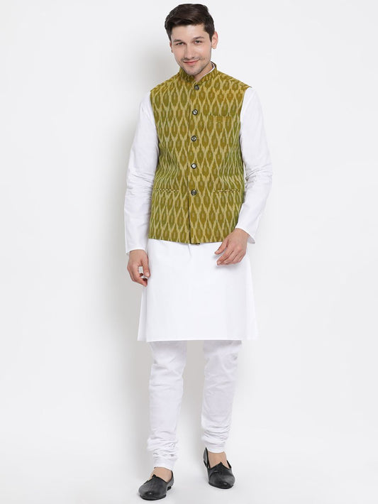 Vastramay Men's White Cotton Kurta, Ethnic Jacket and Pyjama Set