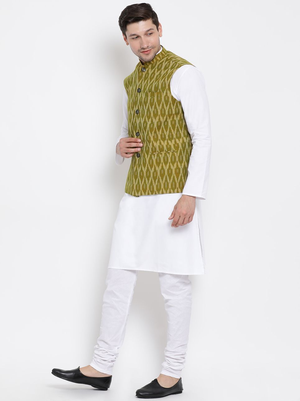 mens white cotton kurta ethnic jacket and pyjama set1016