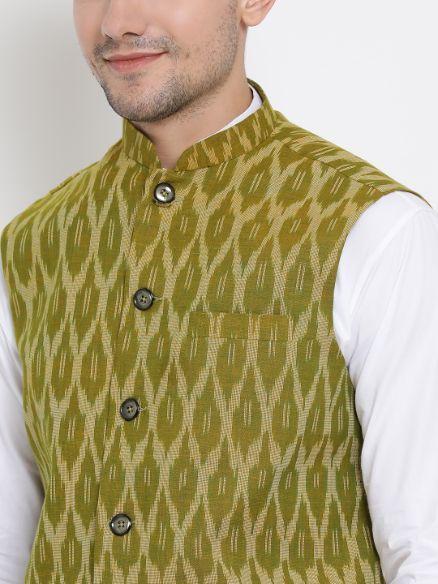 mens white cotton kurta ethnic jacket and pyjama set1016