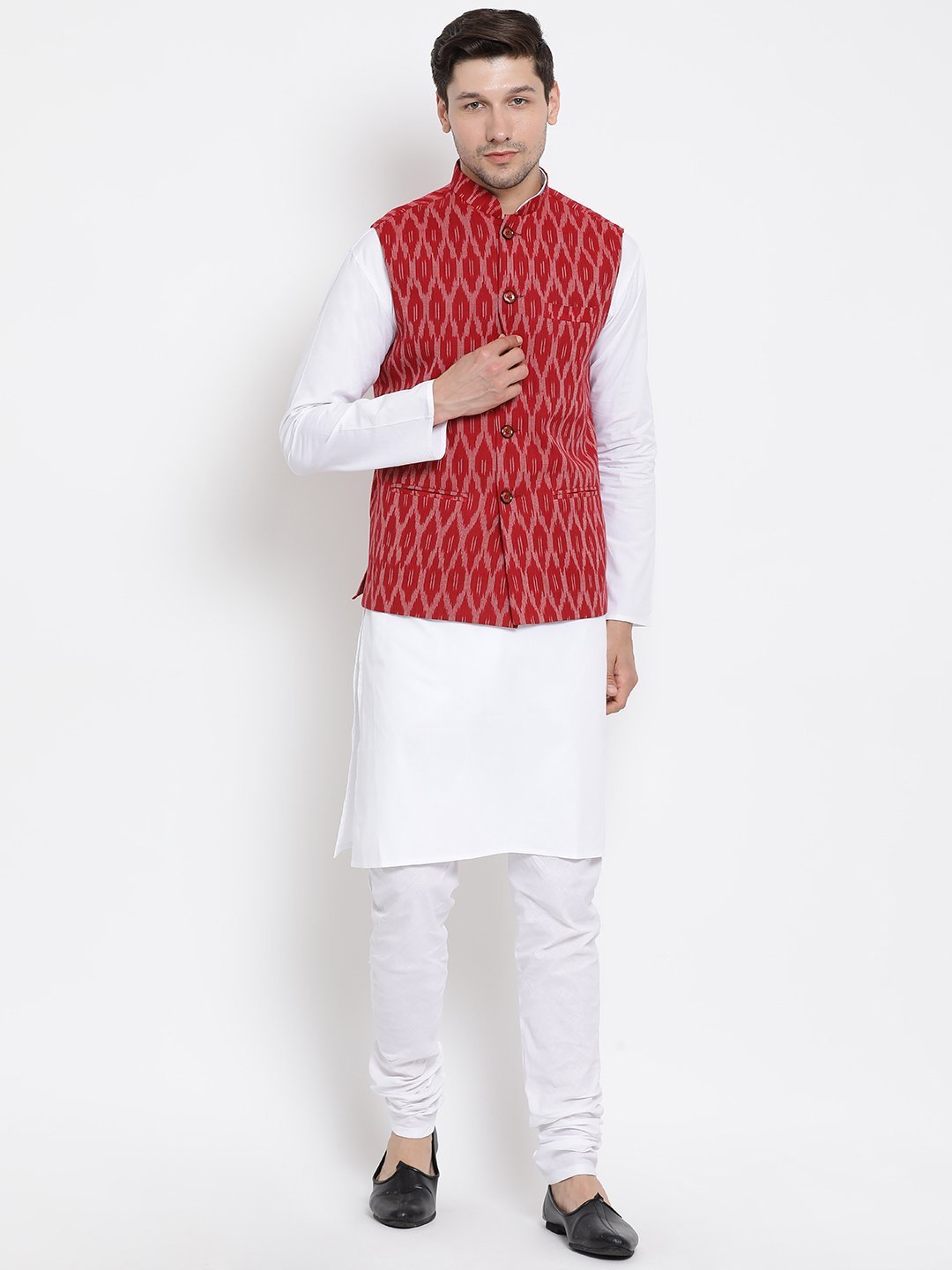 Vastramay Men's Maroon Cotton Blend Kurta, Ethnic Jacket and Pyjama Set