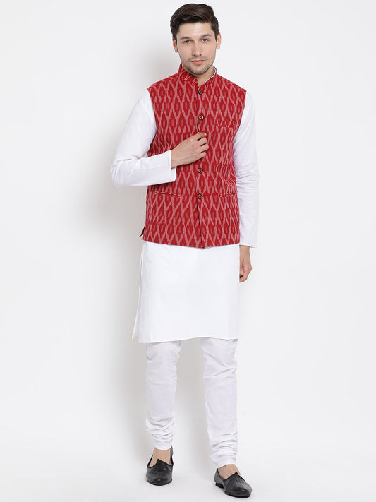 Vastramay Men's Maroon Cotton Blend Kurta, Ethnic Jacket and Pyjama Set