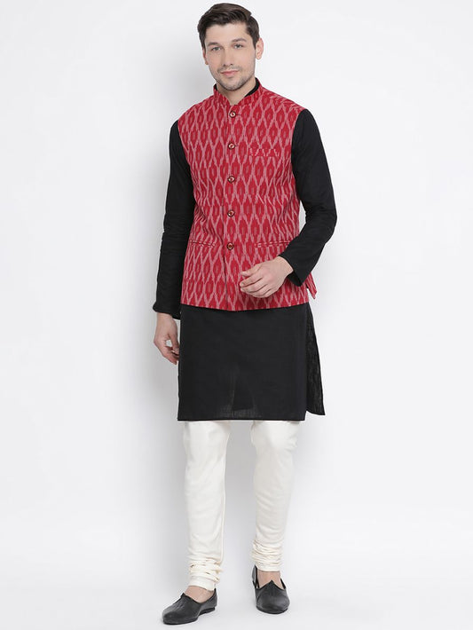 Vastramay Men's Black Cotton Kurta, Ethnic Jacket and Pyjama Set