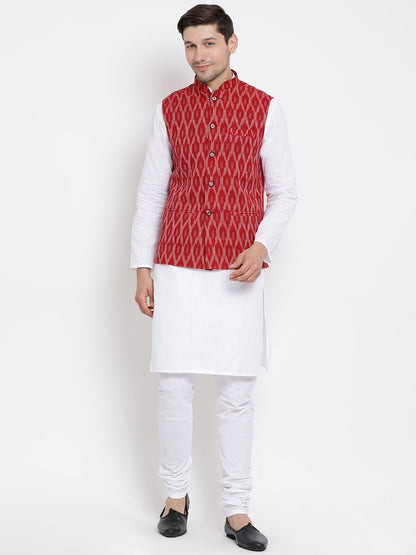 Vastramay Men's White Cotton Kurta, Maroon Ethnic Jacket and Pyjama Set