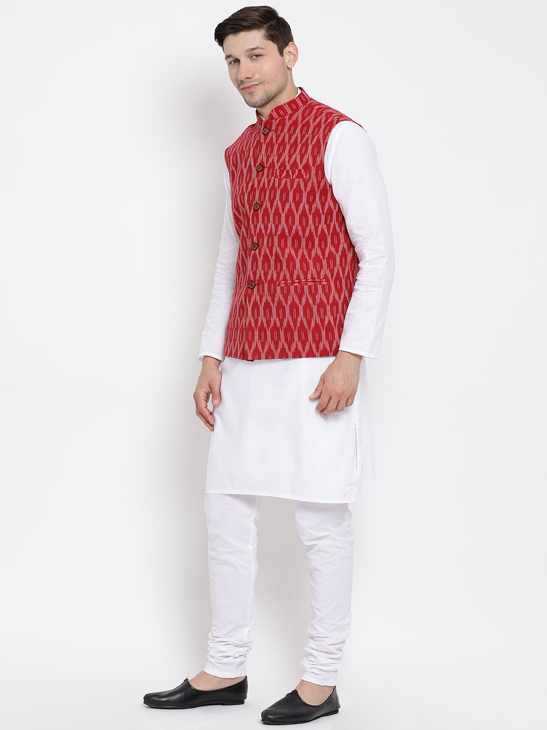 mens white cotton kurta ethnic jacket and pyjama set1018