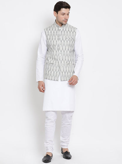 Vastramay Men's White Cotton Blend Kurta, Ethnic Jacket and Pyjama Set