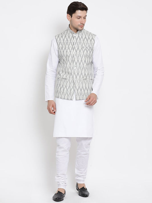 Vastramay Men's White Cotton Blend Kurta, Ethnic Jacket and Pyjama Set