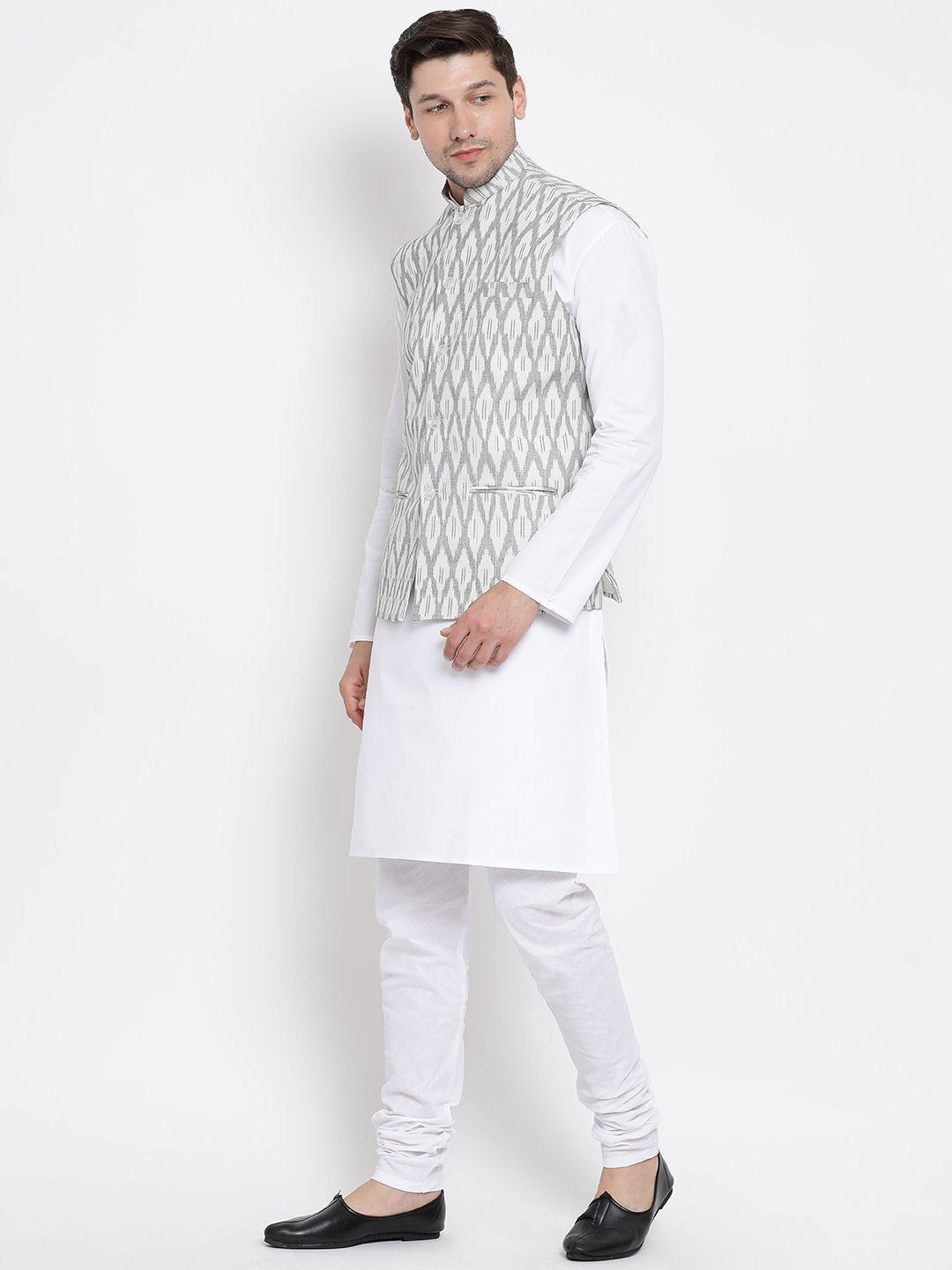 mens white cotton blend kurta ethnic jacket and pyjama set1027