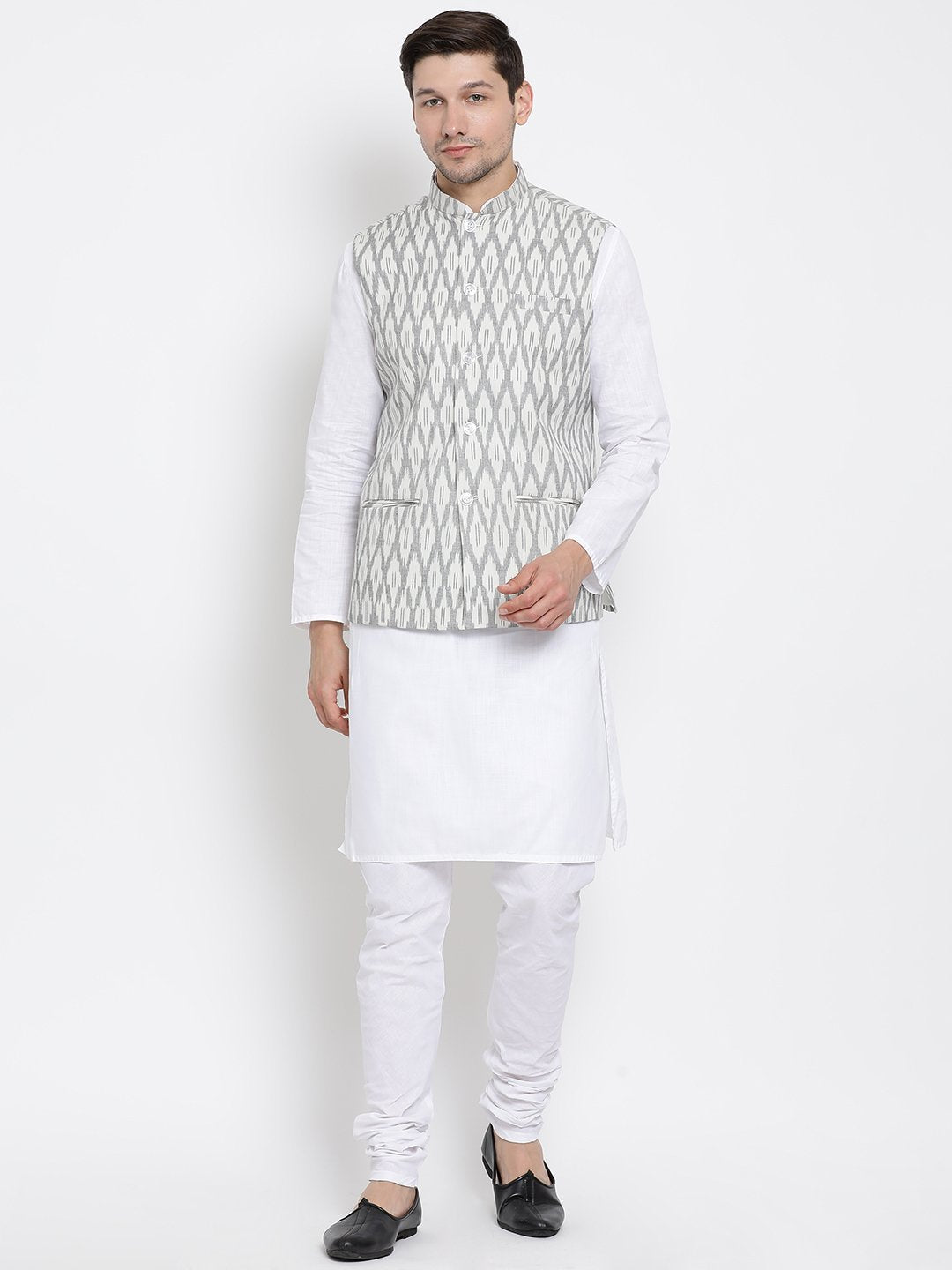 Vastramay Men's White Cotton Kurta, Grey Ethnic Jacket and Pyjama Set