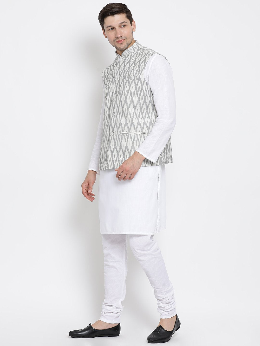 mens white cotton kurta ethnic jacket and pyjama set1024