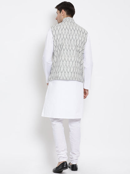 mens white cotton kurta ethnic jacket and pyjama set1025