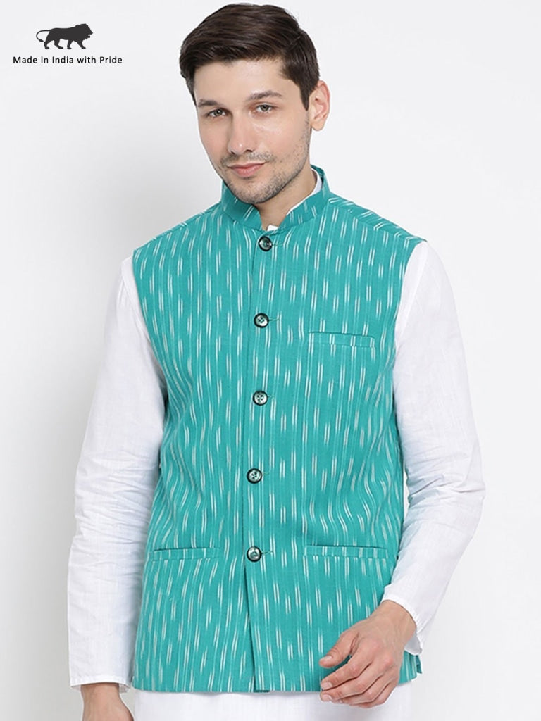 VASTRAMAY Men's Aqua Blue Cotton Ethnic Jacket