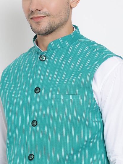 Vastramay Men's Aqua Blue Cotton Ethnic Jacket