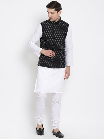 Vastramay Men's White Cotton Kurta, Ethnic Jacket and Pyjama Set