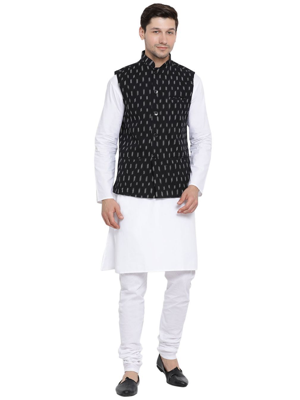 Vastramay Men's White Cotton Kurta, Ethnic Jacket and Pyjama Set