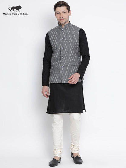 Vastramay Men's Black Cotton Kurta, Ethnic Jacket and Churidar Set