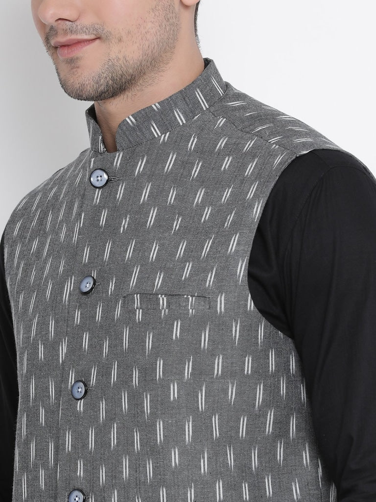 Vastramay Men's Black Cotton Kurta, Ethnic Jacket and Churidar Set