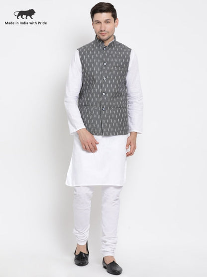 Vastramay Men's White Cotton Kurta, Grey Nehru Jacket and Churidar Set