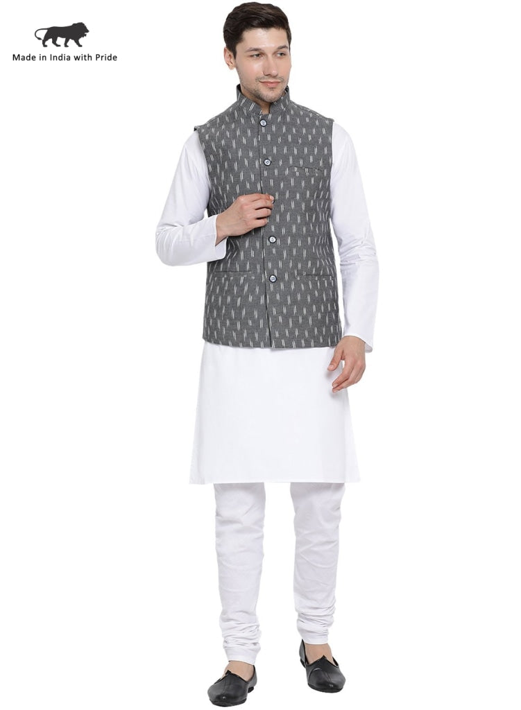 Vastramay Men's White Cotton Kurta, Ethnic Jacket and Churidar Set