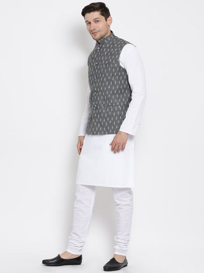 mens white cotton kurta ethnic jacket and pyjama set1000