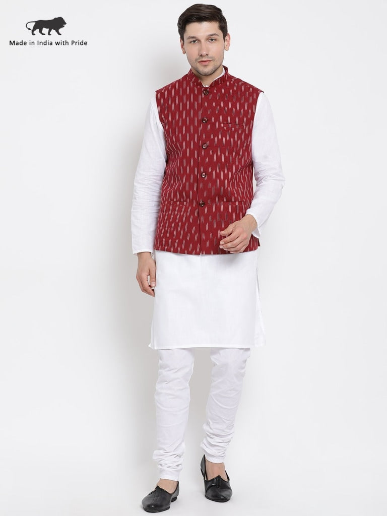 Vastramay Men's White Cotton Kurta, Maroon Ethnic Jacket and Churidar Set