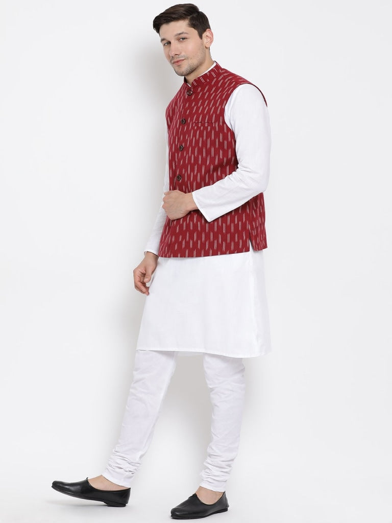 mens white cotton kurta ethnic jacket and pyjama set1002