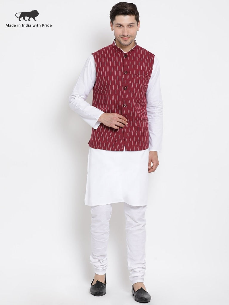 Vastramay Men's White Cotton Kurta, Ethnic Jacket and Pyjama Set