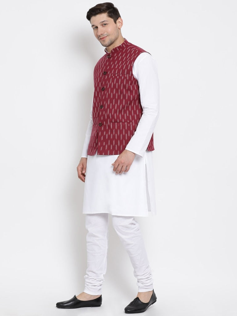 mens white cotton kurta ethnic jacket and pyjama set1003