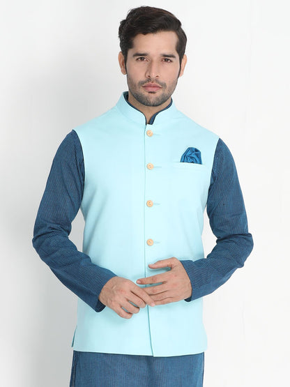 VASTRAMAY Men's Light Blue Cotton Ethnic Jacket