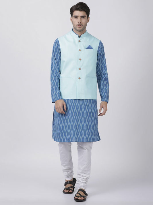 Vastramay Men's Blue Cotton Blend Kurta, Light Blue Ethnic Jacket and Pyjama Set