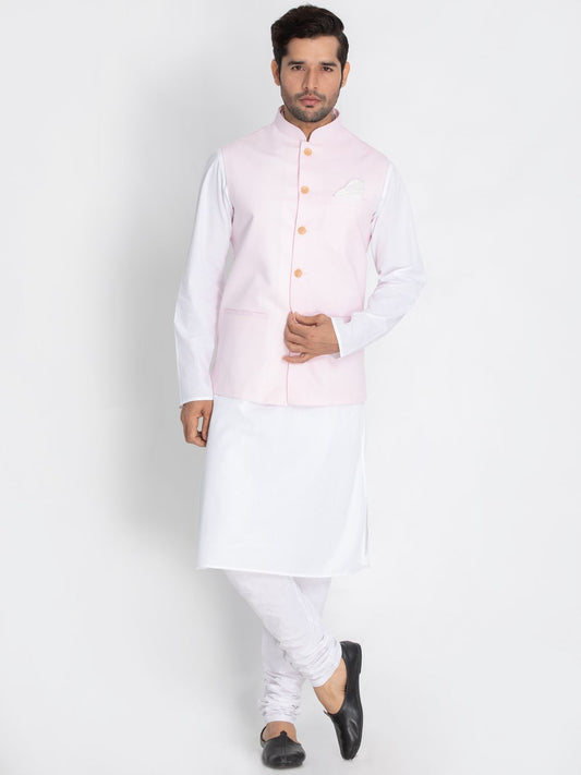 Vastramay Men's White Cotton Blend Kurta, Ethnic Jacket and Pyjama Set