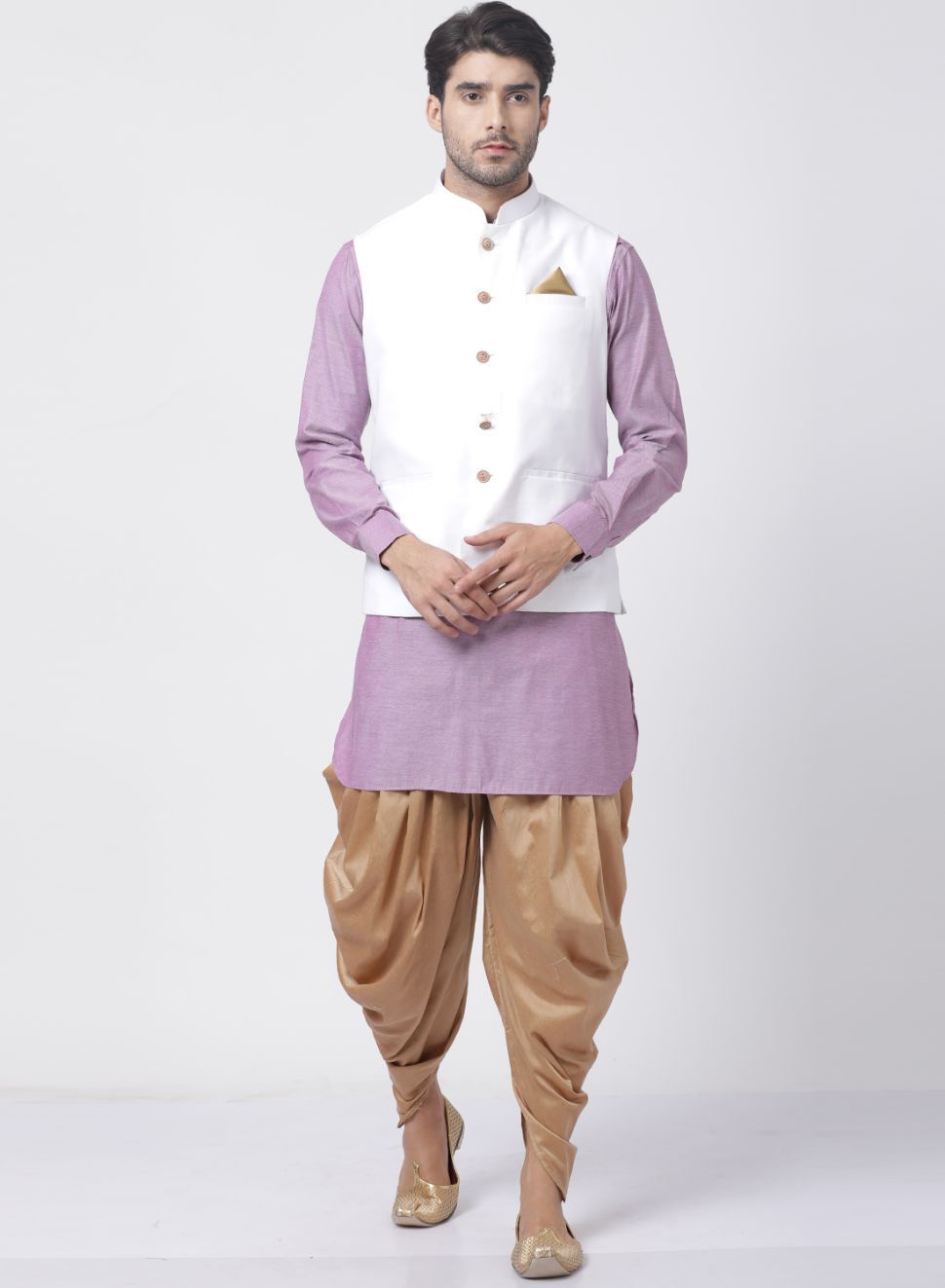 Vastramay Men's Purple Cotton Blend Ethnic Jacket, Kurta and Dhoti Pant Set