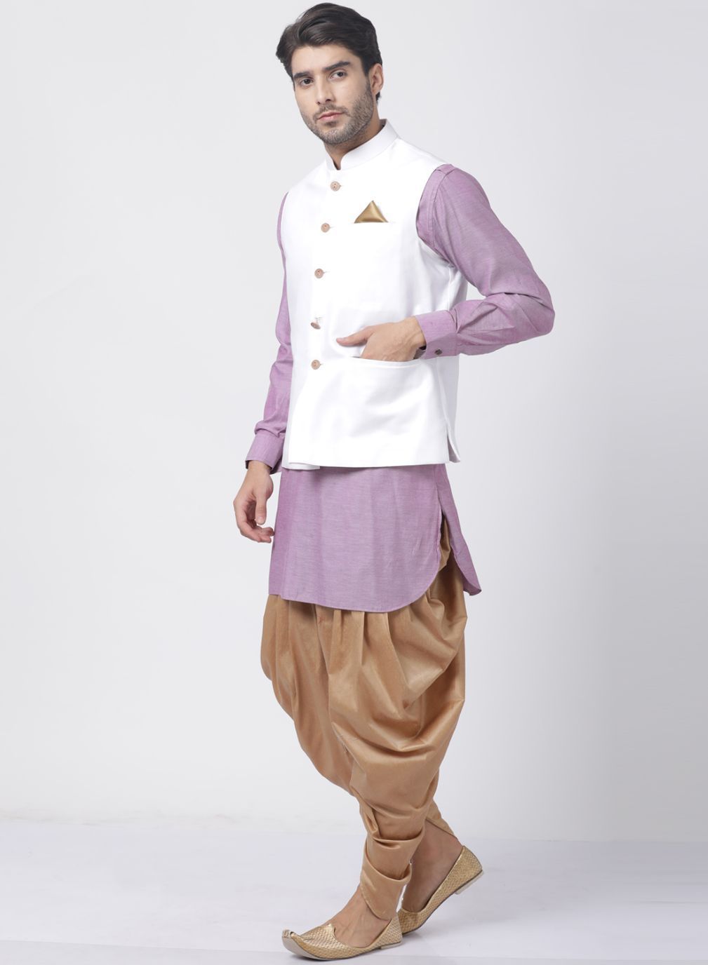 mens purple cotton blend ethnic jacket kurta and dhoti pant set957