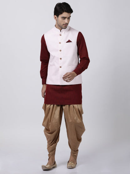 Vastramay Men's Maroon Cotton Blend Ethnic Jacket, Kurta and Dhoti Pant Set