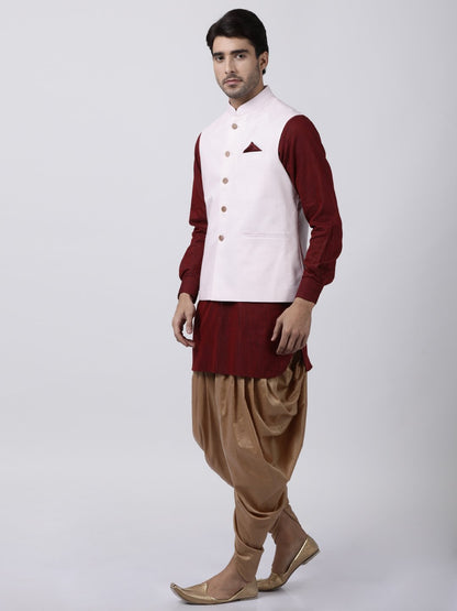 mens maroon cotton blend ethnic jacket kurta and dhoti pant set958