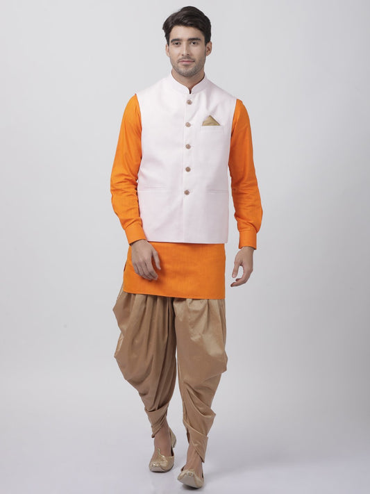 Vastramay Men's Orange Cotton Blend Kurta, Ethnic Jacket and Dhoti Pant Set