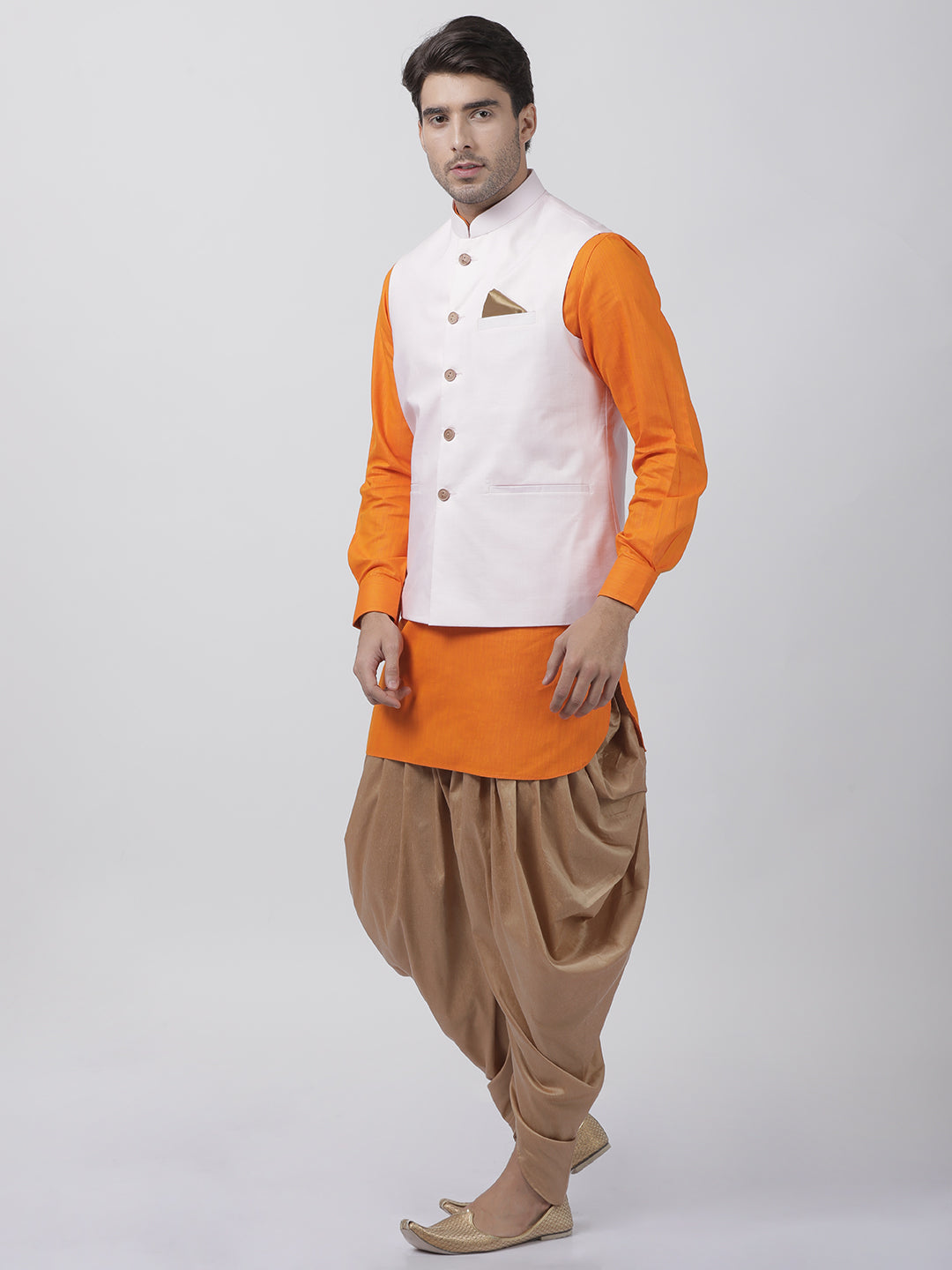 mens orange cotton blend ethnic jacket kurta and dhoti pant set959