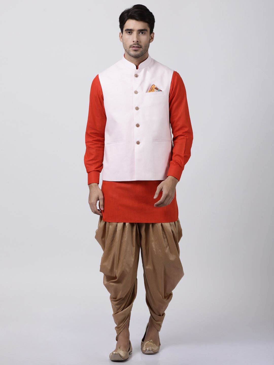 Vastramay Men's Orange Cotton Blend Kurta, Ethnic Jacket and Dhoti Pant Set