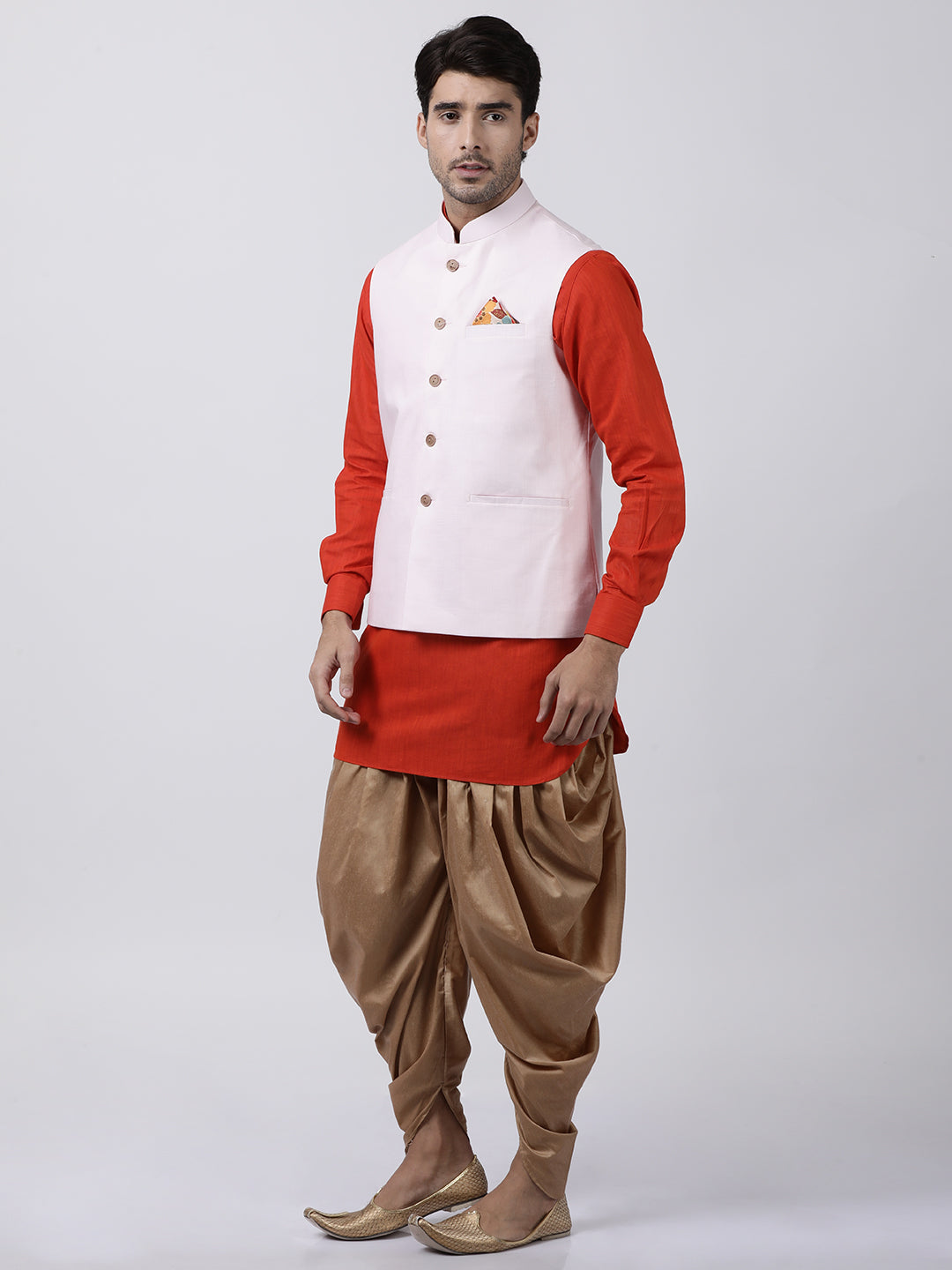 mens red cotton blend ethnic jacket kurta and dhoti pant set960