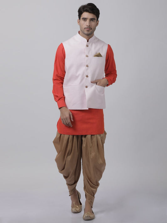 Vastramay Men's Orange Cotton Blend Kurta, Ethnic Jacket and Dhoti Pant Set