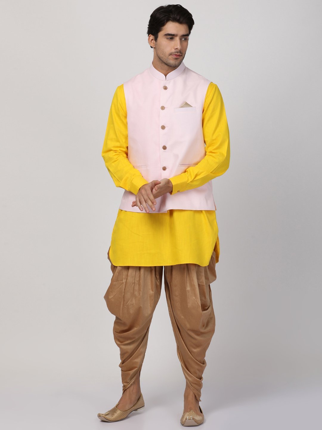 Vastramay Men's Yellow Cotton Blend Ethnic Jacket, Kurta and Dhoti Pant Set