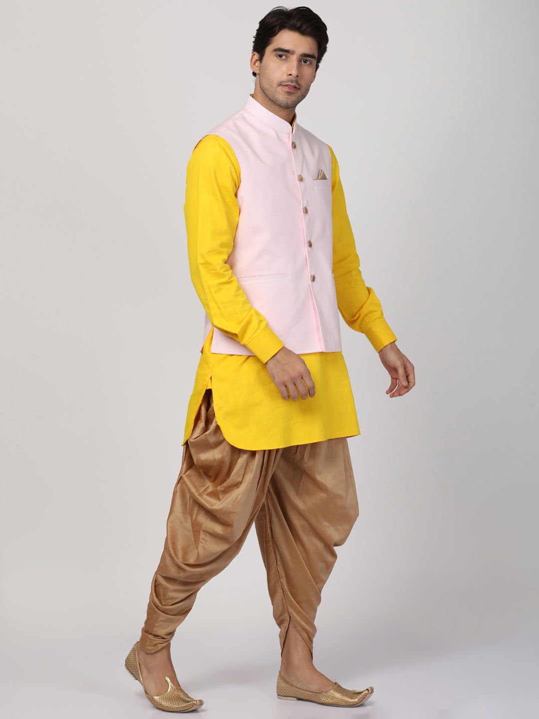 mens yellow cotton blend ethnic jacket kurta and dhoti pant set962